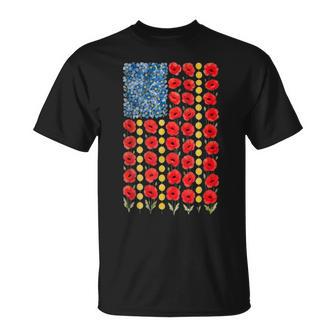 Red Poppy Flower American Flag Memorial Day Poppies T-Shirt | Mazezy