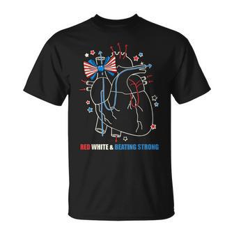 Red White & Beating Strong Cardiac Nurse Heart 4Th Of July T-Shirt - Monsterry