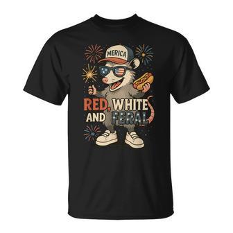 Red White And Feral Fireworks Opossum 4Th Of July Patriotic T-Shirt - Thegiftio UK