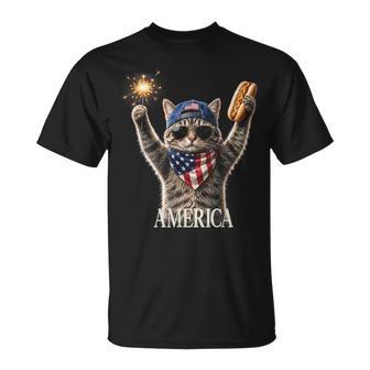 Retro America Cat Hot Dog Lovers Patriotic Fireworks T-Shirt - Thegiftio UK
