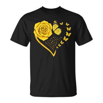 Rose Butterfly Heart Yellow Flower Floral T-Shirt - Monsterry