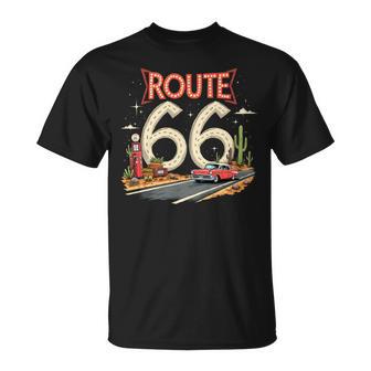Ruta Retro Clásica 66 Escena Del Desierto Con Coche Rojo Clásico Manga Larga Camiseta unisex - Regaloses
