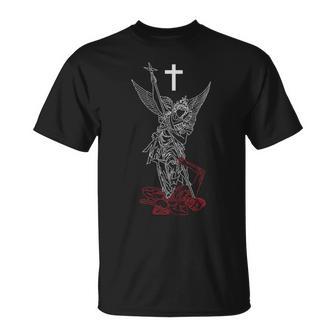 Saint Michael The Archangel Defeating Satan Warrior Faith T-Shirt - Monsterry