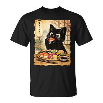 Schwarzeüße Katze Isstushi Kawaii Japanisches Essen Anime Katzen T-Shirt - Geschenkecke