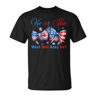 He Or She What Will Our Baby Be 4Th Of July Gender Reveal T-Shirt - Thegiftio UK