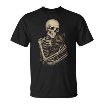Skeleton Hugging Tortoiseshell Cat Halloween T-Shirt - Thegiftio UK