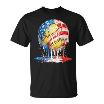 Softball Drip Ice Cream American Flag 4Th Of July T-Shirt | Mazezy