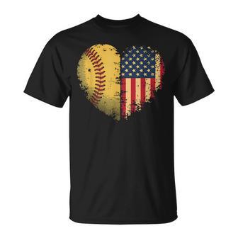 Softball Heart American Flag Patriotic Softball Lovers T-Shirt | Mazezy