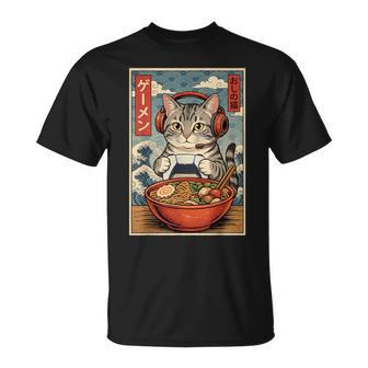 Süße Kawaii Anime Gamer Katze Mit Ramen Japan Retro T-Shirt - Seseable