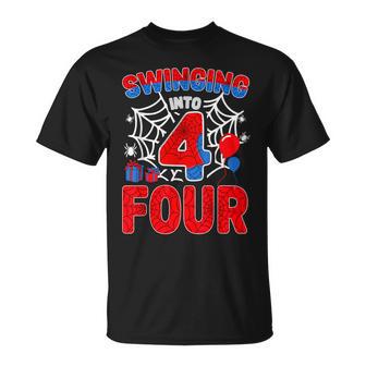 Swinging Into 4 Year Old Boy 4Th Spider Birthday Party T-Shirt - Monsterry
