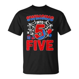 Swinging Into 5 Year Old Boy 5Th Spider Birthday Party T-Shirt - Thegiftio UK