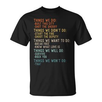 Things We Did Sarcastic Music Checklist Classic Song Lyrics T-Shirt | Mazezy