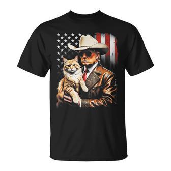 Trump Et Mignon Chat Et Drapeau Américain Drôle Trump Cowboy T-Shirt - Cadeauxyz