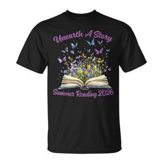 Unearth A Story Summer Reading 2026 Flower Butterfly Book T-Shirt - Thegiftio UK