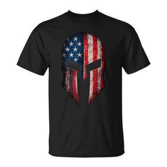 US American Flag Patriotic Spartan Helmet Battle Scarred T-Shirt - Thegiftio UK