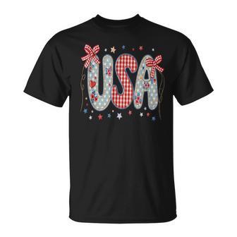 Usa Coquette Bow Floral Patriotic Patchwork Independence Day T-Shirt - Thegiftio UK