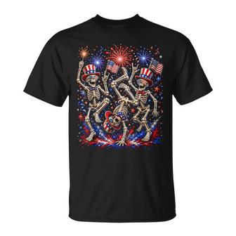 Usa Fireworks Patriotic Dancing Skeletons 4Th Of July Gothic T-Shirt - Monsterry