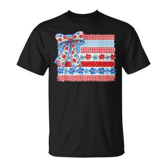 Usa Flag Floral 4Th Of July Coquette Bow Girl Women T-Shirt - Thegiftio UK