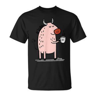 Vache Mignonne Avec Tasse De Café Cartoon Minimal Matin T-Shirt - Cadeauxyz