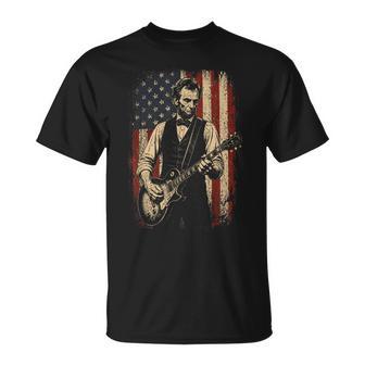 Vintage Abraham Lincoln Abe Lincoln Playing Guitar Usa Flag T-Shirt - Monsterry