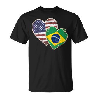 Vintage Distressed Usa And Brazil Flag Hearts T-Shirt - Monsterry