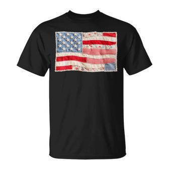 Vintage Printed Patchwork Us Flag Patriotic 4Th Of July T-Shirt - Monsterry