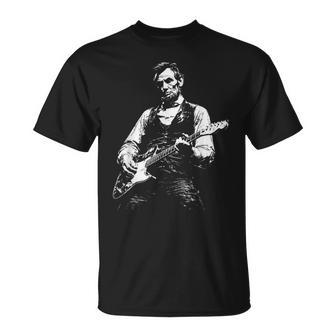 Vintage Halftone Abe Lincoln Playing Guitar T-Shirt - Monsterry