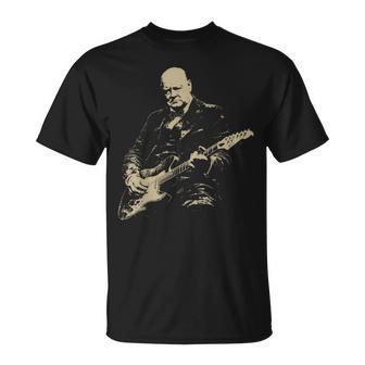 Winston Churchill Playing Electric Guitar Rocker Humor T-Shirt | Mazezy