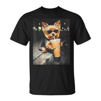 Yorkie Drinking Iced Coffee T-Shirt - Monsterry