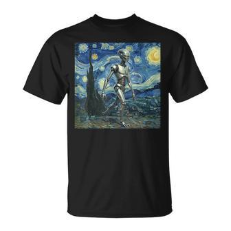 ゴッホ 星月夜 未来アート 面白い ロボット ウォーキング Tシャツ - Kawaiitshirt