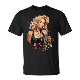 サックスを吹くピンナップの女の子 サックス奏者 ヴィンテージ Tシャツ - Kawaiitshirt