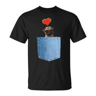 ジーンズポケット付きシャツ パグ犬とハート犬のモチーフ Tシャツ - Kawaiitshirt