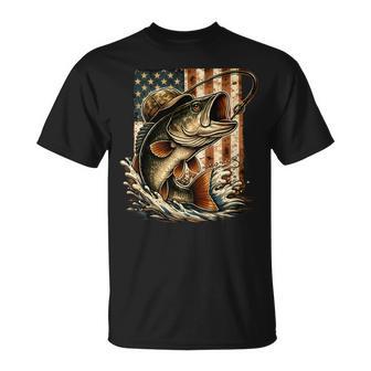 ビンテージバスフィッシング迷彩、アメリカ国旗。 長袖tシャツ Tシャツ - Kawaiitshirt