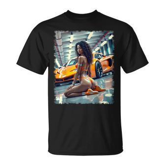 ピンナップガールtシャツ 男性用 ブラックピンナップガール&エキゾチックカー Tシャツ - Kawaiitshirt