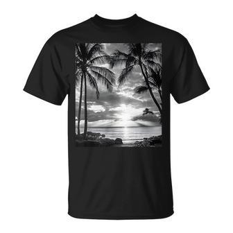 ヤシの木の白黒写真 夕焼けビンテージ写真 Tシャツ - Kawaiitshirt