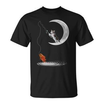 三日月で釣りをする猫 面白い猫愛好家 フィッシャー Tシャツ - Kawaiitshirt