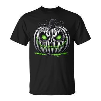 不気味なカボチャ 白い縞模様の目と笑顔 Tシャツ - Kawaiitshirt