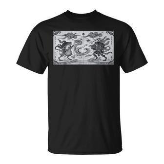 蛙の風神雷神デザイン 和風モノクロアート Tシャツ - Kawaiitshirt