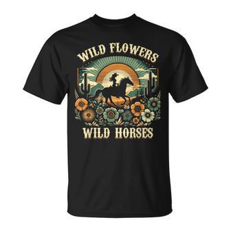 野の花と馬 ヴィンテージ 夕日 騎乗位 Tシャツ - Kawaiitshirt