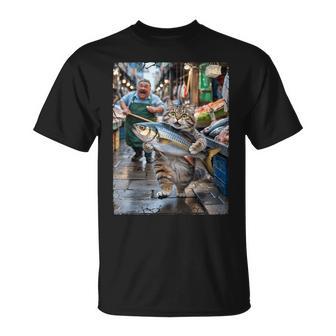 面白い猫が市場で魚を盗む猫好きの楽しみ。 Tシャツ - Kawaiitshirt