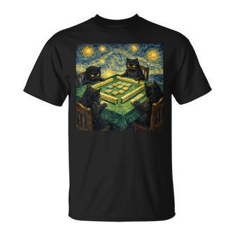 麻雀ファンゴッホスタイルで遊ぶ猫 麻雀カジノプレーヤー Tシャツ - Kawaiitshirt