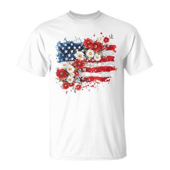 4Th Of July Floral American Flag Wildflowers Patriotic T-Shirt - Seseable