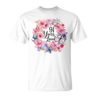 91 Years Loved 91歳の誕生日 フローラルリース ナインティワン Tシャツ - Kawaiitshirt