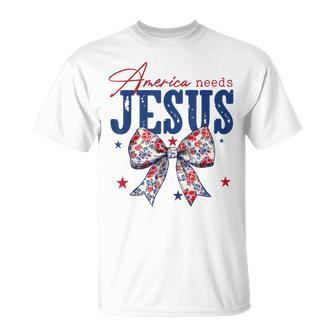 America Needs Jesus Coquette Bow Patriotic American Flag T-Shirt - Thegiftio UK