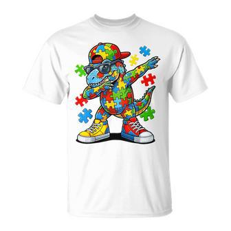 Autism Awareness Blue Dinosaur Dabbing Puzzle T-Shirt - Monsterry
