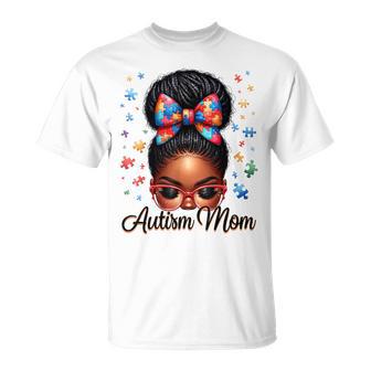 Autism Mom Afro Black Autism Awareness Messy Bun T-Shirt - Thegiftio
