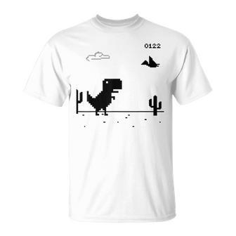 Dino T-Rex 恐竜 ピクセルゲーム インターネットなし オフライン 面白い 男性 Tシャツ - Kawaiitshirt