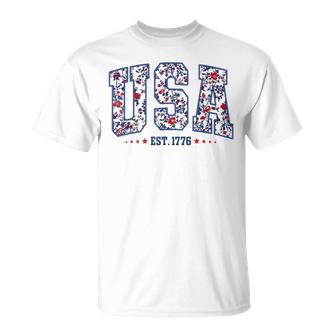 Distressed Floral Usa Est1776 Coquette Patriotic 4Th July T-Shirt - Thegiftio UK