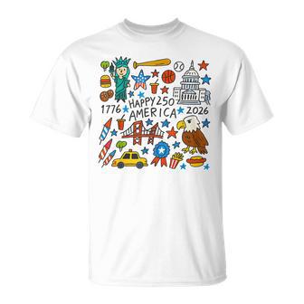 Doodle Happy 250 America Patriotic Kids 1776-2026 T-Shirt - Thegiftio UK