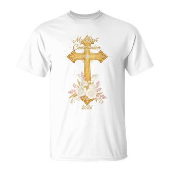 My First Communion 2026 Floral Cross Catholic Girls T-Shirt - Seseable